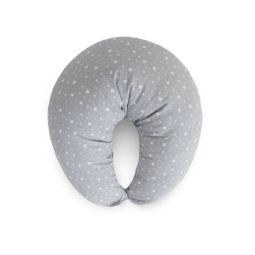 Perna pentru alaptat, Ceba Baby, Husa detasabila din bumbac, Cu puf siliconizat, 150x60x37 cm, Oeko-Tex Standard 100, Basic Grey Stars