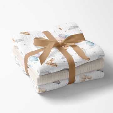 Set 3 scutece multifunctionale Bocioland Beige 70x70 cm din muselina 100 bumbac,suprafata texturata,moale si absorbanta