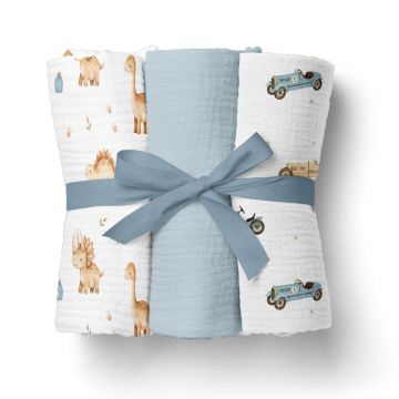 Set 3 scutece multifunctionale Bocioland Blue 70x70 cm din muselina 100 bumbac,suprafata texturata,moale si absorbanta