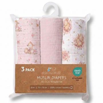 Set 3 scutece multifunctionale Bocioland Roz 70x70 cm din muselina 100 bumbac,suprafata texturata,moale si absorbanta