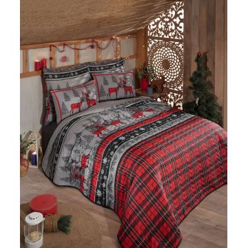 Set cuvertura de pat dubla 3 piese, L'essentiel Maison, Christmas, 65% bumbac/35% poliester, Roșu / Gri / Negru