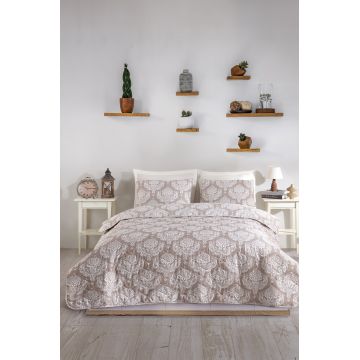 Set cuvertura de pat dubla 3 piese, L'essentiel Maison, Post, Alb/Maro