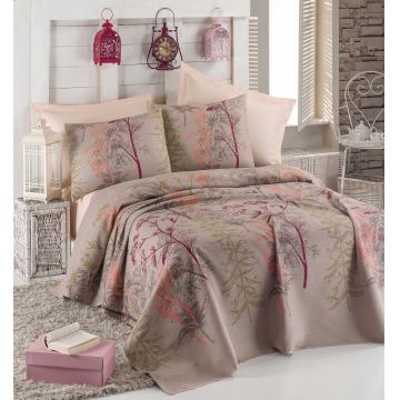 Set cuvertura pique dubla 3 piese, L'essentiel Maison, Urla, Bumbac, Beige / Red / Salmon / Green