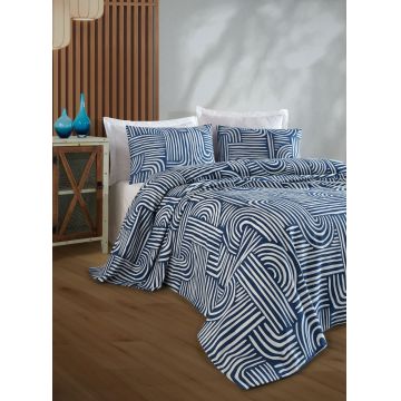 Set cuvertura pique Single, L'essentiel Maison, Line Art, Bumbac, Albastru