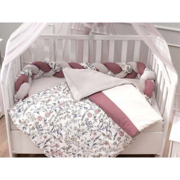 Set de dormit pentru bebelusi cu protectie laterala, Wallxpert, Flower, Roz / Alb / Gri