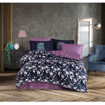 Set de huse de pilotă duble din satin Tencel, L'essentiel Maison, Adelita, Mov / Albastru închis / Alb