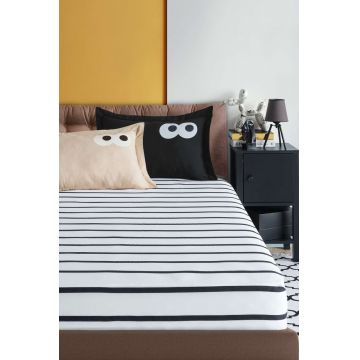 Set de pat dublu (cearceaf cu elastic si perne) 3 piese, L'essentiel Maison, Funny Cizgili, Negru