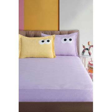 Set de pat dublu (cearceaf cu elastic si perne) 3 piese, L'essentiel Maison, Funny, Lila