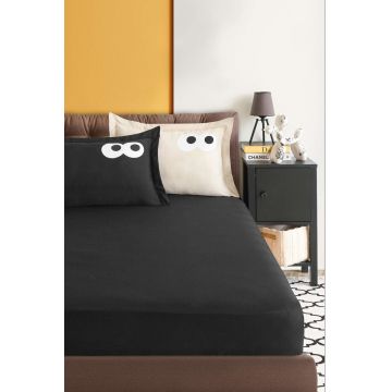 Set de pat dublu (cearceaf cu elastic si perne) 3 piese, L'essentiel Maison, Funny, Negru