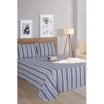 Set de pat dublu (cearceaf cu elastic si perne) 3 piese, L'essentiel Maison, Soft Line, Albastru navy