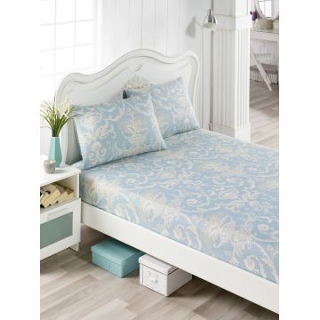 Set de pat dublu (cearceaf cu elastic si perne) 3 piese, L'essentiel Maison, Tuval, 65% bumbac/35% poliester, Albastru / Crem