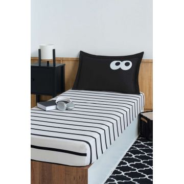 Set de pat pentru o persoana (cearceaf cu elastic si perna) 2 piese, L'essentiel Maison, Funny Cizgili, Negru