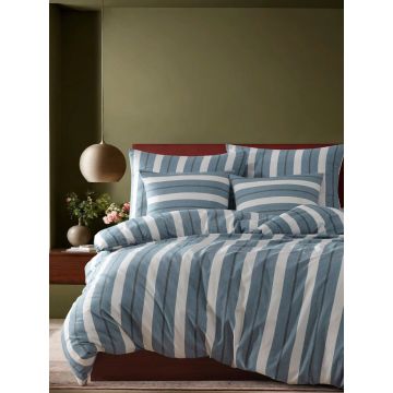 Lenjerie de pat dubla (DE), 3 piese, L'essentiel Maison, Helsinki, Bumbac;Poliester, Albastru petrol / Alb