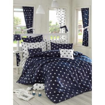 Lenjerie de pat dubla (DE), 3 piese, L'essentiel Maison, Starz, Albastru inchis/Alb