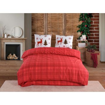 Lenjerie de pat dubla King (FR), 3 piese, L'essentiel Maison, Caspara, Roșu / Alb / Bej închis