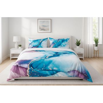 Lenjerie de pat dubla King (FR), 3 piese, L'essentiel Maison, Marble, Bumbac;Poliester, Indigo