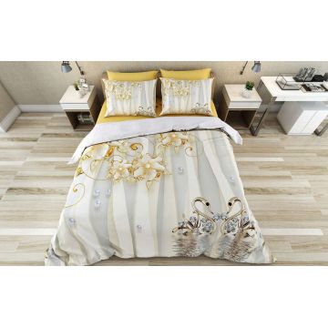 Lenjerie de pat dubla King (FR), 3 piese, L'essentiel Maison, Vanio, Bumbac;Poliester, Auriu / Alb / Gri