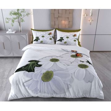 Lenjerie de pat dubla Super King (EU) (IT), 3 piese, L'essentiel Maison, Daisy, Bumbac;Poliester, Alb/Verde