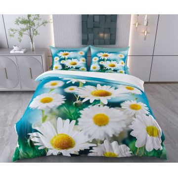 Lenjerie de pat dubla Super King (EU) (IT), 3 piese, L'essentiel Maison, Daisy, Bumbac;Poliester, Albastru / Alb / Galben / Verde