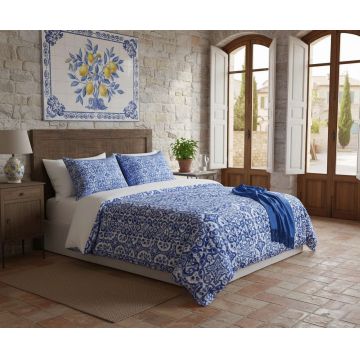 Lenjerie de pat dubla Super King (EU) (IT), 3 piese, L'essentiel Maison, Linza, Albastru inchis/Alb