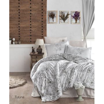 Lenjerie de pat dubla Super King (EU) (IT), 3 piese, L'essentiel Maison, Tuluna v1, Bumbac Satinat, Gri/Alb