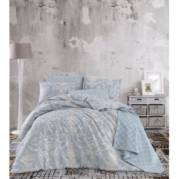 Lenjerie de pat dubla Super King (EU) (IT), 3 piese, L'essentiel Maison, Tuval, 65% bumbac/35% poliester, Albastru / Crem