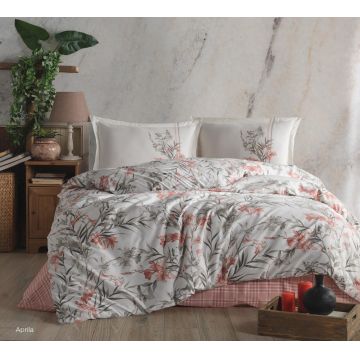 Lenjerie de pat dubla Super King (EU) (IT), L'essentiel Maison, Aprila v1, Bumbac Ranforce, Alb / Verde / Portocaliu