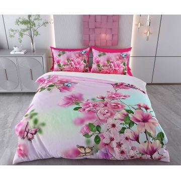 Lenjerie de pat dubla Super King (FR), 3 piese, L'essentiel Maison, Begona, Bumbac;Poliester, Alb / Roz / Verde