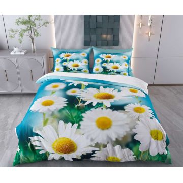 Lenjerie de pat dubla Super King (FR), 3 piese, L'essentiel Maison, Daisy, Bumbac;Poliester, Albastru / Alb / Galben / Verde