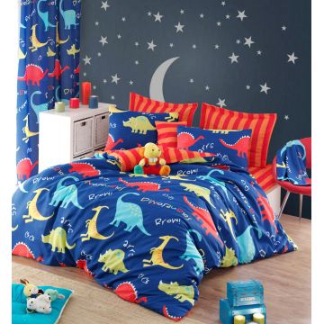 Lenjerie de pat dubla Super King (FR), 3 piese, L'essentiel Maison, Dinazorus, 65% bumbac/35% poliester, Albastru / Roșu / Galben