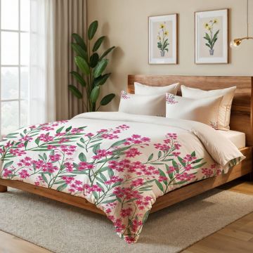 Lenjerie de pat dubla Super King (FR), 3 piese, L'essentiel Maison, Magnolia, Crem / Verde / Roz