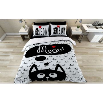 Lenjerie de pat dubla Super King (FR), 3 piese, L'essentiel Maison, Meow, Bumbac;Poliester, Multicolor