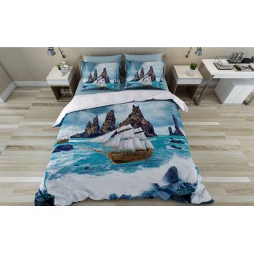 Lenjerie de pat dubla Super King (FR), 3 piese, L'essentiel Maison, Ocean, Bumbac;Poliester, Albastru / Alb / Albastru închis