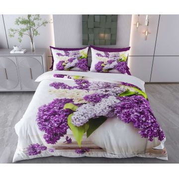 Lenjerie de pat dubla Super King (FR), 3 piese, L'essentiel Maison, Wildflowers, Bumbac;Poliester, Alb/Mov/Verde