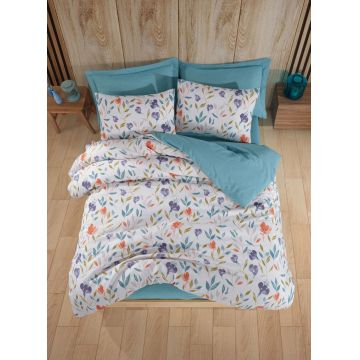 Lenjerie de pat pentru o persoana (DE), 2 piese, L'essentiel Maison, Floral, 65% bumbac/35% poliester, Turcoaz / Liliac / Portocaliu / Alb