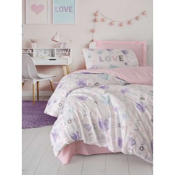 Lenjerie de pat pentru o persoana (FR), L'essentiel Maison, Lovella, Bumbac Ranforce, Roz