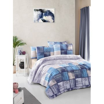 Lenjerie de pat dubla King (DE), 3 piese, L'essentiel Maison, Savina, Albastru / Albastru închis / Bej