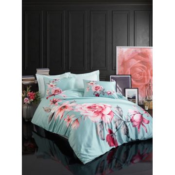 Lenjerie de pat dubla King (IT), 3 piese, L'essentiel Maison, 482, Turcoaz / Roșu / Roz / Gri
