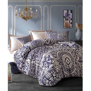 Lenjerie de pat dubla Super King (EU) (IT), 3 piese, L'essentiel Maison, 484, Albastru închis / Crem