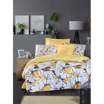 Lenjerie de pat dubla Super King (EU) (IT), 3 piese, L'essentiel Maison, Cassie, Galben / Alb / Albastru închis