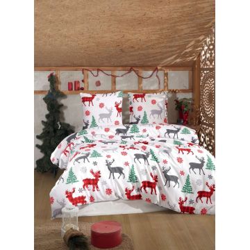 Lenjerie de pat dubla Super King (FR), 3 piese, L'essentiel Maison, Geyik, Alb / Roșu / Verde / Gri