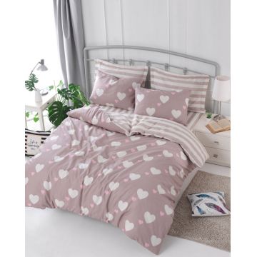 Lenjerie de pat dubla Super King (FR), 3 piese, L'essentiel Maison, Herz, Trandafir praf / Alb