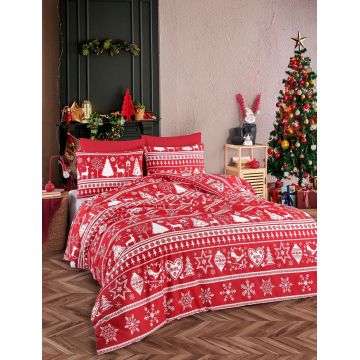 Lenjerie de pat dubla Super King (FR), 3 piese, L'essentiel Maison, Snowmas, Roșu Claret / Alb