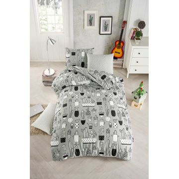 Lenjerie de pat pentru o persoana Single XXL (DE), 2 piese, L'essentiel Maison, Cactus, Gri / Negru / Alb