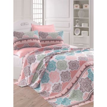 Cuvertura pique dubla King (EU) (FR), L'essentiel Maison, Andalucia v2, Bumbac, Turcoaz / Somon / Crem