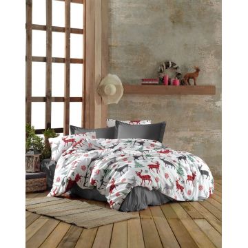 Lenjerie de pat dubla Super King (FR), 3 piese, L'essentiel Maison, Chr-Coverset-1, Roșu / Alb / Verde / Gri