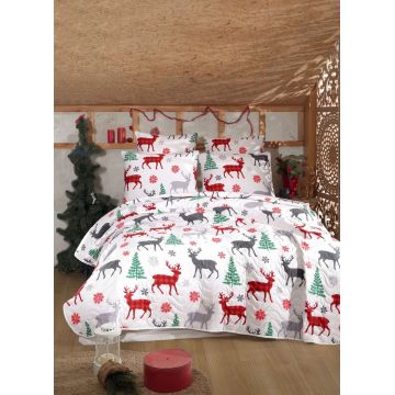 Set cuvertura matlasata dubla King (FR), 3 piese, L'essentiel Maison, Geyik, Alb / Roșu / Verde / Gri