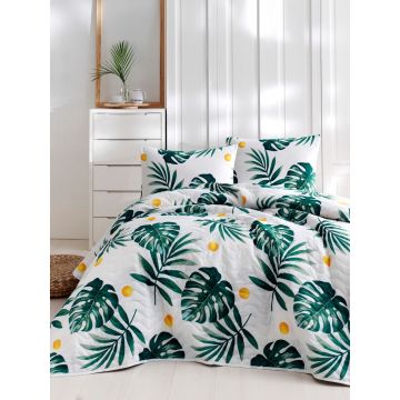 Set cuvertura matlasata dubla King (FR), 3 piese, L'essentiel Maison, Monstera, 65% bumbac/35% poliester, White / Green / Yellow