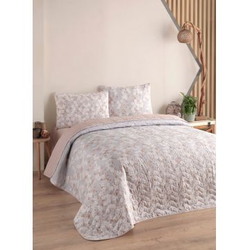 Set cuvertura matlasata dubla King (FR), 3 piese, L'essentiel Maison, Piti Yaprak, 65% bumbac/35% poliester, Roz prafuit