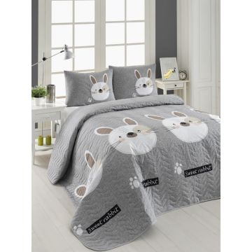 Set cuvertura matlasata dubla King (FR), 3 piese, L'essentiel Maison, Tavşancık, 65% bumbac/35% poliester, Gri / Maro / Alb / Roz